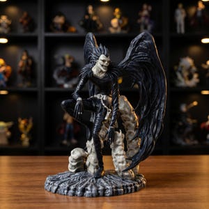 May include: A detailed figurine of a character with black wings, black clothing, and a pale face with a sinister grin. The figure is posed on a rocky base with a detailed texture. The background features a collection of other figurines.