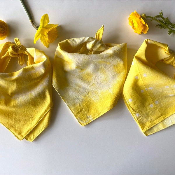 Tie Dye Bandana Scarf - Illuminating Yellow - Shibori Hand Dyed 100% Cotton - For Dogs, Hair, Neck, Mask