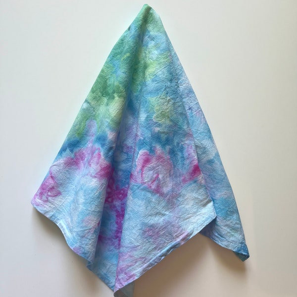 Garden Party Ice Dyed Tea Towel - Green Pink Blue - Flour Sack Dish Towel - Marbled Watercolor - 100% Cotton Hand Dyed Kitchen Linens