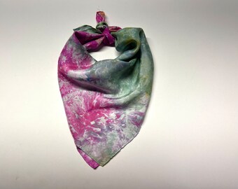Hand Dyed Silk Scarf - Fuschia Pink & Green Ice Dye 100% Silk - Hair Head Square Scarf, Neck Bandana