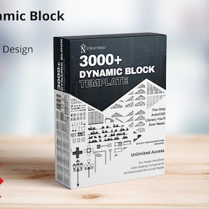 May include: A black box with the text "3000+ Dynamic Block Template" and "AUTOCAD" is displayed on a wooden surface. The box also includes the text "Enhancing Your Design Efficiency" and "Bonus file +6000 Basic Furniture".