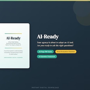 May include: A digital graphic promoting "AI-Ready" resources for child welfare professionals. The image features a book cover with the title "AI-Ready" and supporting text. Additional elements include call-to-action buttons and the phrase "Instant Digital Download."