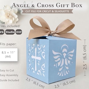 Plantilla SVG para caja de recuerdos de bautizo con ángel y cruz, regalos de recuerdo de bautizo, caja de dulces de primera comunión, archivo de corte DXF para Cricut Silhouette Studio.