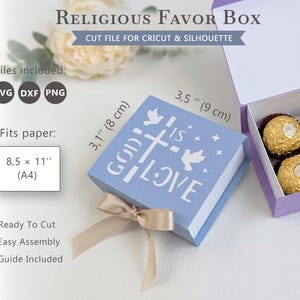 May include: A light blue square favor box with a white cross, dove, star icons, and the text God Is Love. The box features a beige ribbon and measures 3.1 inches by 3.5 inches. It is a digital cut file for Cricut and Silhouette machines.