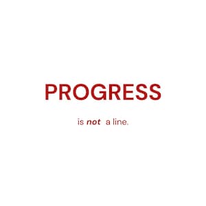 Könnte beinhalten: Weißer Hintergrund mit rotem Text, der lautet: „PROGRESS ist keine Linie.“ Über dem Wort „PROGRESS“ befindet sich eine rote Linie mit einem Herz in der Mitte und Pfeilen an jedem Ende. Der Text „Inspired by Brain Book“ steht unten.