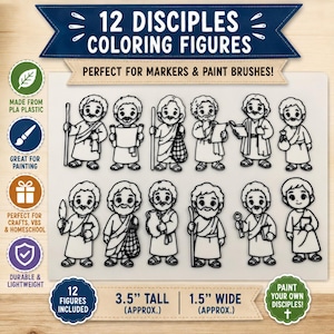 May include: A set of 12 white plastic coloring figures depicting disciples, each featuring black outlines. The figures are 3.5 inches tall and 1.5 inches wide. Text on the image includes 12 DISCIPLES COLORING FIGURES, PERFECT FOR MARKERS & PAINT BRUSHES, and 12 FIGURES INCLUDED.