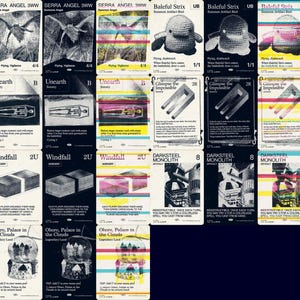Może przedstawiać: Kolekcja dziewiętnastu kart kolekcjonerskich Magic: The Gathering ułożonych w siatkę. Karty zawierają różne ilustracje, w tym anioły, szydełkowane ptaki, trumny, kształty geometryczne, konstrukcje przemysłowe i zamki, niektóre w kolorze.
