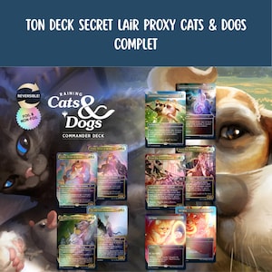 Puede incluir: Un conjunto completo de cartas proxy para el mazo Commander Raining Cats & Dogs, con ilustraciones vibrantes de página completa de varios animales. La colección incluye múltiples cartas de juego con texto detallado, opciones foil y no foil, y un diseño reversible.