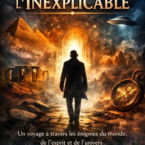May include: Book cover featuring the title "LES CODES DE L'INEXPLICABLE" in gold. A silhouetted person walks towards a bright portal, with pyramids, Stonehenge, a UFO, and a compass in the background. The text at the bottom reads "Un voyage à travers les énigmes du monde, de l'esprit et de l'univers" and "ULYXEOS."
