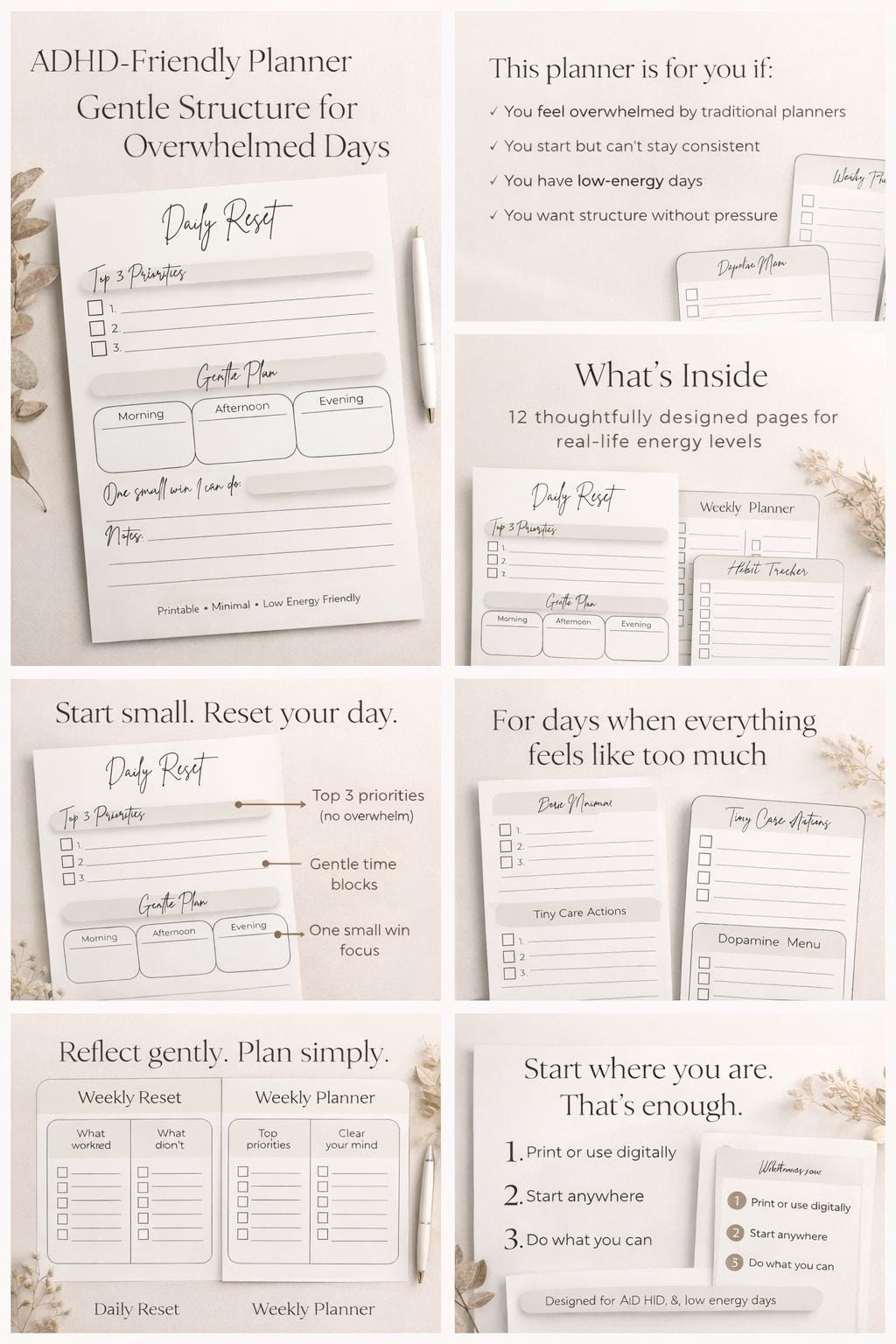ADHD Planner Printable | Minimalist Daily Reset & Weekly Planner | Low ...