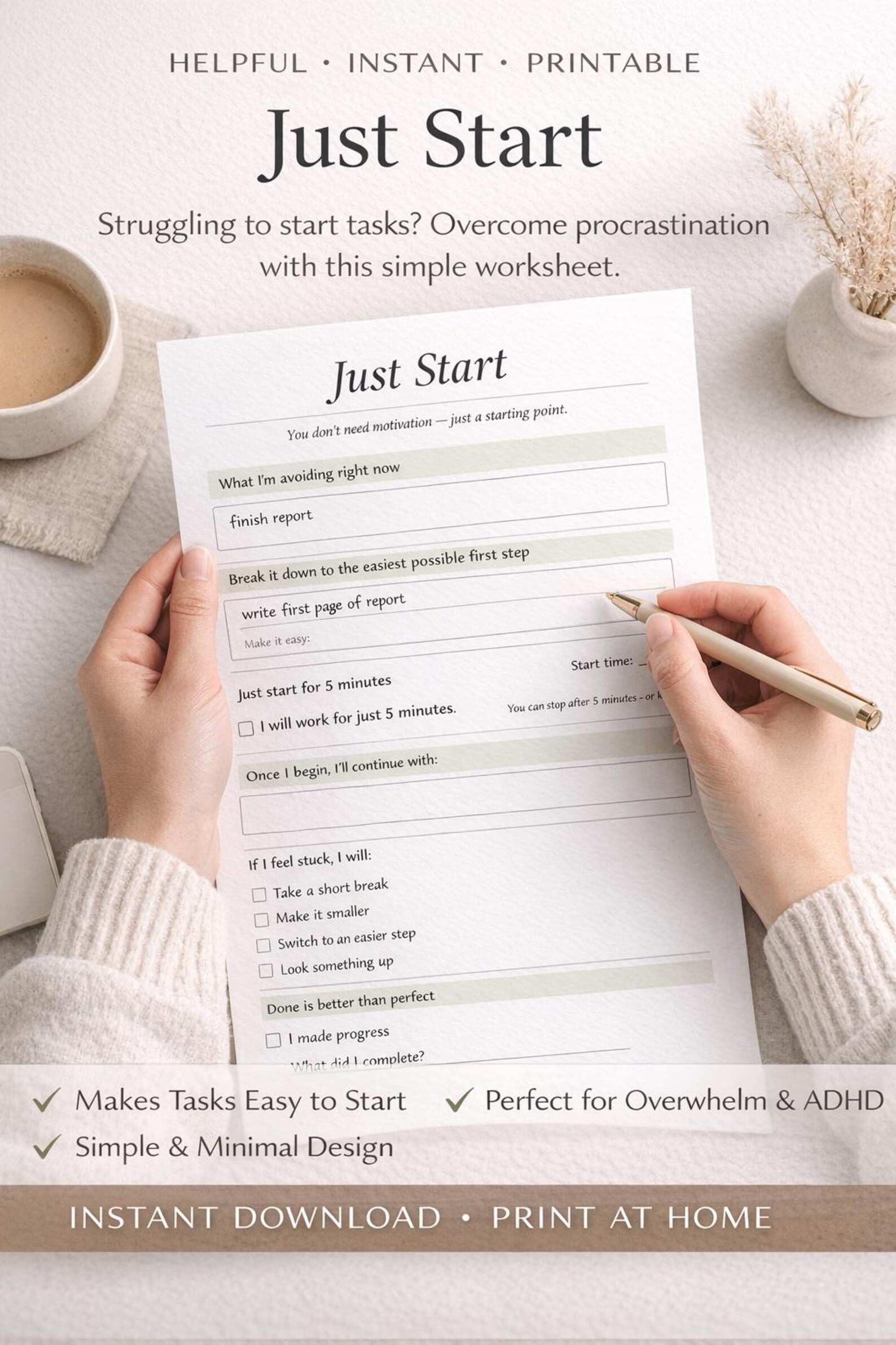 Task Initiation Sheet Printable, Stop Procrastination Planner, ADHD ...