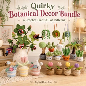 Può includere: Un pacchetto di download digitale intitolato Quirky Botanical Decor Bundle 4 Crochet Plant & Pot Patterns che mostra varie piante all'uncinetto in vaso, tra cui dionee, piante grasse sospese e piccoli fiori con facce sorridenti.