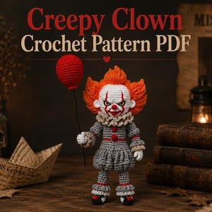 Schema per realizzare un pagliaccio inquietante all'uncinetto, bambola amigurumi horror, palloncino rosso PDF (download digitale)