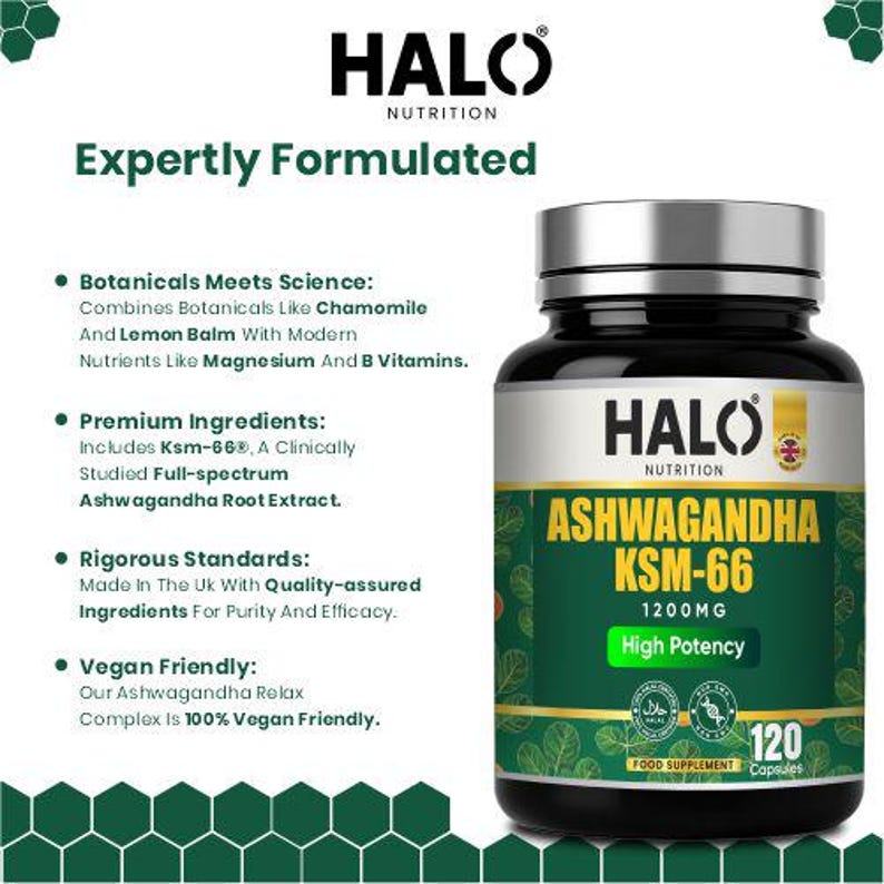 Peut inclure: Une bouteille noire de g&eacute;lules Ashwagandha KSM-66 de Halo Nutrition. L'&eacute;tiquette est verte et dor&eacute;e, avec le texte "1200MG High Potency". La bouteille porte &eacute;galement la mention "Vegan Friendly" et "120 Capsules".