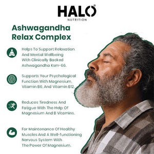 Peut inclure: Publicit&eacute; pour le complexe relaxant Ashwagandha de Halo Nutrition. L'image pr&eacute;sente un homme &agrave; la barbe grise et les bienfaits du produit : relaxation, bien-&ecirc;tre mental, fonction psychologique, r&eacute;duction de la fatigue et muscles sains.