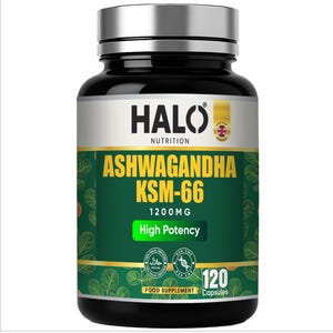 Peut inclure: Une bouteille noire de g&eacute;lules Halo Nutrition Ashwagandha KSM-66. L'&eacute;tiquette est verte et blanche avec le texte "Ashwagandha KSM-66 1200mg High Potency". La bouteille contient 120 g&eacute;lules, un compl&eacute;ment alimentaire.