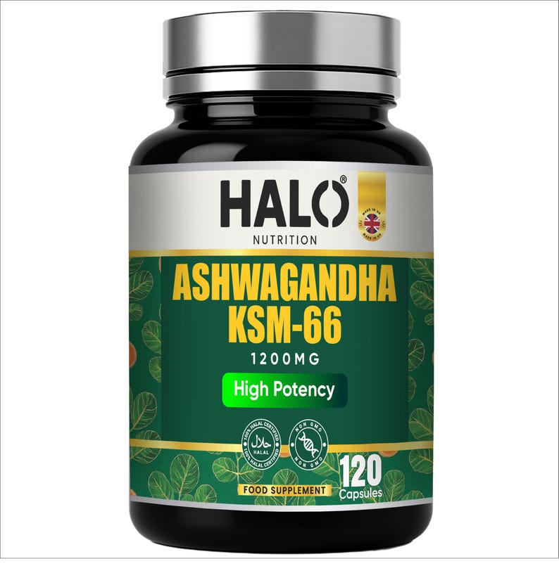 Peut inclure: Une bouteille noire de g&eacute;lules Halo Nutrition Ashwagandha KSM-66. L'&eacute;tiquette est verte et blanche avec le texte "Ashwagandha KSM-66 1200mg High Potency". La bouteille contient 120 g&eacute;lules, un compl&eacute;ment alimentaire.