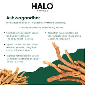 Peut inclure: Publicit&eacute; pour Ashwagandha de Halo Nutrition. L'image pr&eacute;sente le logo de la marque, du texte d&eacute;crivant les bienfaits du produit et des images de racine d'ashwagandha. Le texte met en &eacute;vidence la r&eacute;duction du stress et le soutien de l'humeur.
