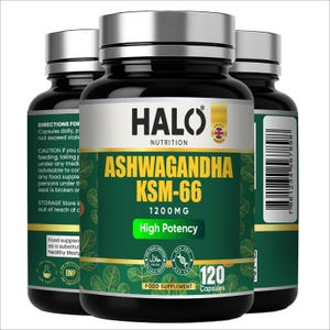 Peut inclure: Trois flacons noirs de compl&eacute;ments alimentaires avec des couvercles argent&eacute;s. Les &eacute;tiquettes indiquent "HALO Nutrition Ashwagandha KSM-66 1200mg High Potency" en blanc et jaune sur fond vert. Chaque flacon contient 120 capsules.