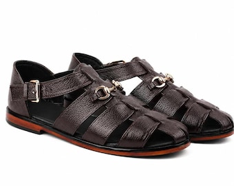 Handmade Brown Leather Fisherman Sandals Men Summer Casual Comfort Beach Roman Shoes Classic