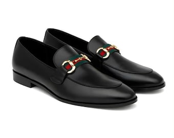 Handmade Black Leather Loafers with Green Red Strap | Classic Horsebit Slip-On Shoes for Men