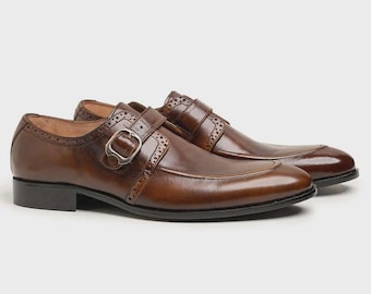 Handgemaakte leren bruine schoenen met gesp voor heren, enkele monnik, schoenen voor formele bruiloften