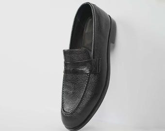 Handmade Leather Black Penny Loafers for Men, Moc Toe Slip On Shoes