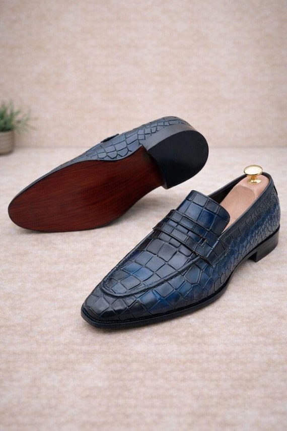 Handmade Navy Blue Leather Crocodile Loafers: Men's Dress Shoes Luxury Formal Slip Ons