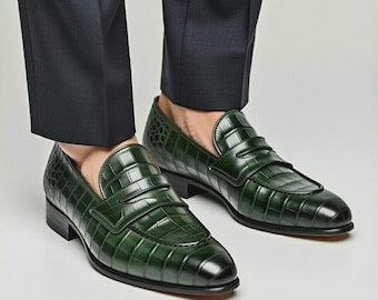 Handmade Leather Green Croc Loafers Men's Luxury Penny Slip-On Dress Shoes Formal Wedding Footwear