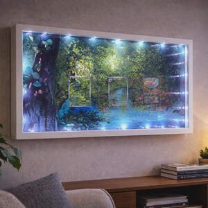 Può includere: Un'opera d'arte rettangolare con cornice bianca raffigurante una lussureggiante scena di foresta illuminata con un elemento acquatico illuminato di blu. L'opera è montata su una parete sopra un mobile in legno.