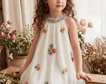 Gift for Daughter Flower Girl Dress, Ivory Chiffon Tiered Cake Dress, Embroidered Girls Wedding Outfit, Boho Toddler Party Dress