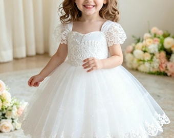 3D Flower Lace Christening Dress: Ivory Baptism, Flower Girl, First Communion Dress, Traditional Catholic Communion Dress
