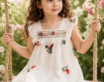 Birthday Gift for Daughter Ivory Embroidered Dress, Flower Girl Dress, Garden Wedding Outfit, Handmade Boho Toddler Dress
