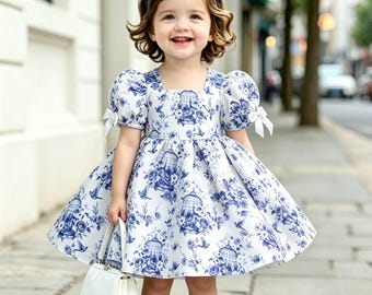 Babygirl Floral Dress With Headband – Blue Porcelain Pattern, Vintage Style