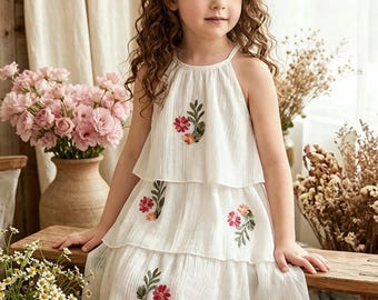 Floral Embroidered Summer dress, Boho baby Dress,Vacation dress,Toddler Birthday Party Dress, Flower Girl Wedding Outfit 4-12Y