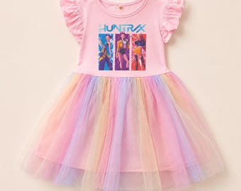 Kids Summer Party Dress | Kpop Demon Hunter Slayer Dress  | Cute Flutter Sleeve Dress
