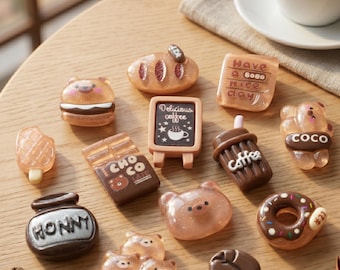 Kawaii Coffee Dessert Resin Charms Set, Cute Bear Latte Donut Chocolate Mini Charms, Handmade Sweet Café Accessory for Shoes and Bags