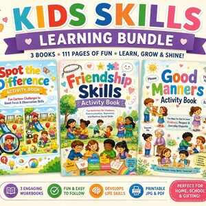 May include: A colorful kids' learning bundle with three activity books: "Spot the Difference," "Friendship Skills," and "Good Manners." The bundle includes 111 pages of fun activities for ages 4-10, promoting focus, observation, and confidence. The books are designed for home, school, and gifting.