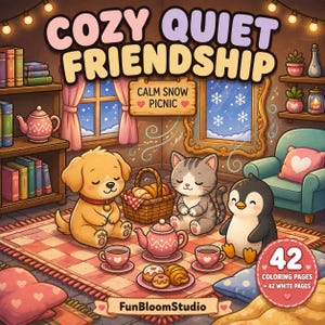 May include: A coloring book cover titled COZY QUIET FRIENDSHIP CALM SNOW PICNIC featuring a golden puppy, a gray tabby kitten, and a penguin sitting on a checkered rug with a picnic basket, teapot, and pastries. Includes 42 coloring pages.