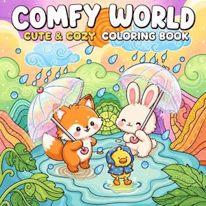 May include: A coloring book cover titled COMFY WORLD CUTE & COZY COLORING BOOK featuring a cartoon fox and rabbit holding clear umbrellas while standing in a blue puddle with a small yellow duckling wearing a blue raincoat during a rain shower.