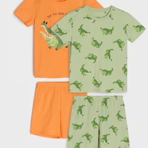 Peut inclure: Deux ensembles de pyjamas pour enfants. L'un est orange avec un motif d'alligator vert et le texte "See You later". L'autre est vert clair avec un motif d'alligator répété. Les deux ensembles comprennent un t-shirt à manches courtes et un short.