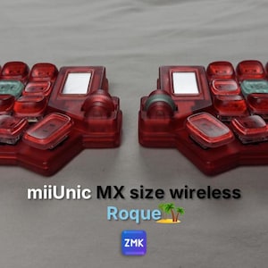 May include: A split ergonomic mechanical keyboard with translucent red keycaps and a red chassis. The device features a small rectangular screen on each half and a rotary encoder. Text on the image reads: miiUnic MX size wireless Roque ZMK.