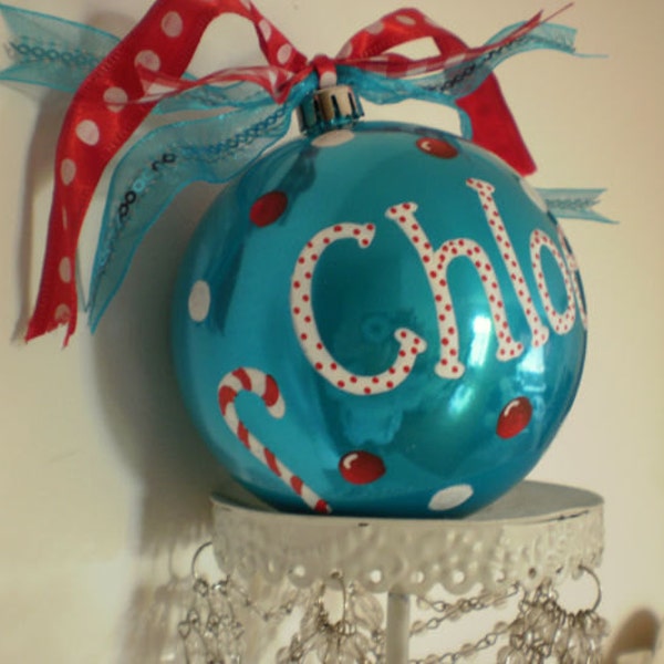 Sweet Candy Cane Personalized Handpainted Large Glass Christmas Tree Ornament