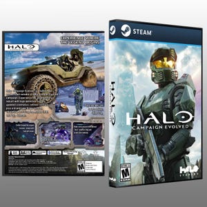 Könnte beinhalten: Eine physische Spielehülle für Halo: Campaign Evolved auf Steam. Das Frontcover zeigt einen grün gepanzerten Soldaten mit goldenem Visier. Die Rückseite enthält Spiel-Screenshots, ein Militärfahrzeug und Systemanforderungen mit M-Einstufung.