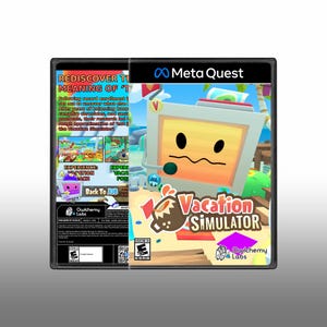 May include: A Meta Quest video game case for Vacation Simulator. The front cover features a yellow computer character with a headset on a beach, with the title Vacation Simulator and an ESRB rating. The back cover displays game text and images.