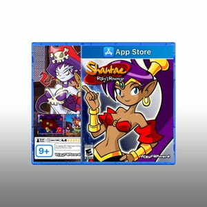 Op de afbeelding: Een blauwe plastic videogamehoes met de titel Shantae Risky's Revenge. De hoes toont een personage met paars haar in een rode outfit, met een App Store-logo bovenaan en een ESRB E10+-beoordelingspictogram in de linkerbenedenhoek.