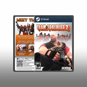 May include: A Team Fortress 2 video game case featuring a large character holding a minigun on the front cover. The back cover displays game information, character classes, and a QR code. The title Team Fortress 2 is printed in bold white text.