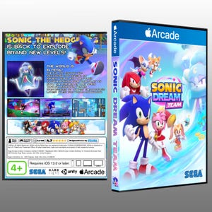 Może przedstawiać: Etui na grę wideo Sonic Dream Team z postaciami Sonic, Amy i innymi na okładce. Tył pudełka zawiera zrzuty ekranu z gry, streszczenie fabuły oraz specyfikacje techniczne, w tym logo Apple Arcade i wymagania dotyczące systemu iOS.