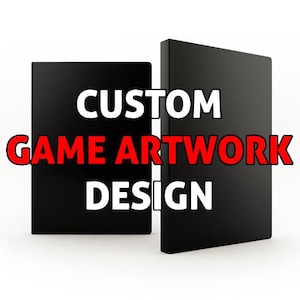 May include: Two blank black rectangular game cases standing upright. The text CUSTOM GAME ARTWORK DESIGN is printed in large, bold, white letters with a thin black outline across the front of the two cases, centered against the black background.