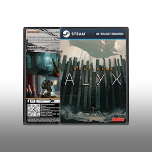 Puede incluir: Una caja de videojuego Half-Life: Alyx con un paisaje urbano industrial oscuro y una gran estructura flotante. La portada muestra el título en letras blancas, mientras que la contraportada incluye capturas de pantalla, requisitos del sistema y un código QR.